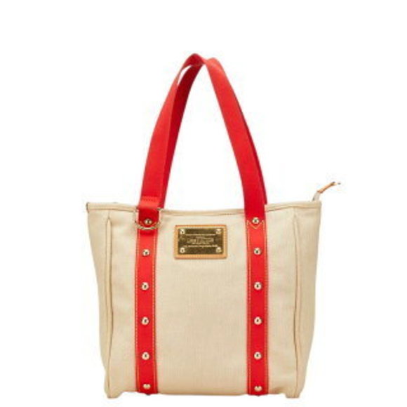Louis Vuitton Antigua Cabas MM Tote Shoulder Bag Red Beige Leather - Picture 1 of 8